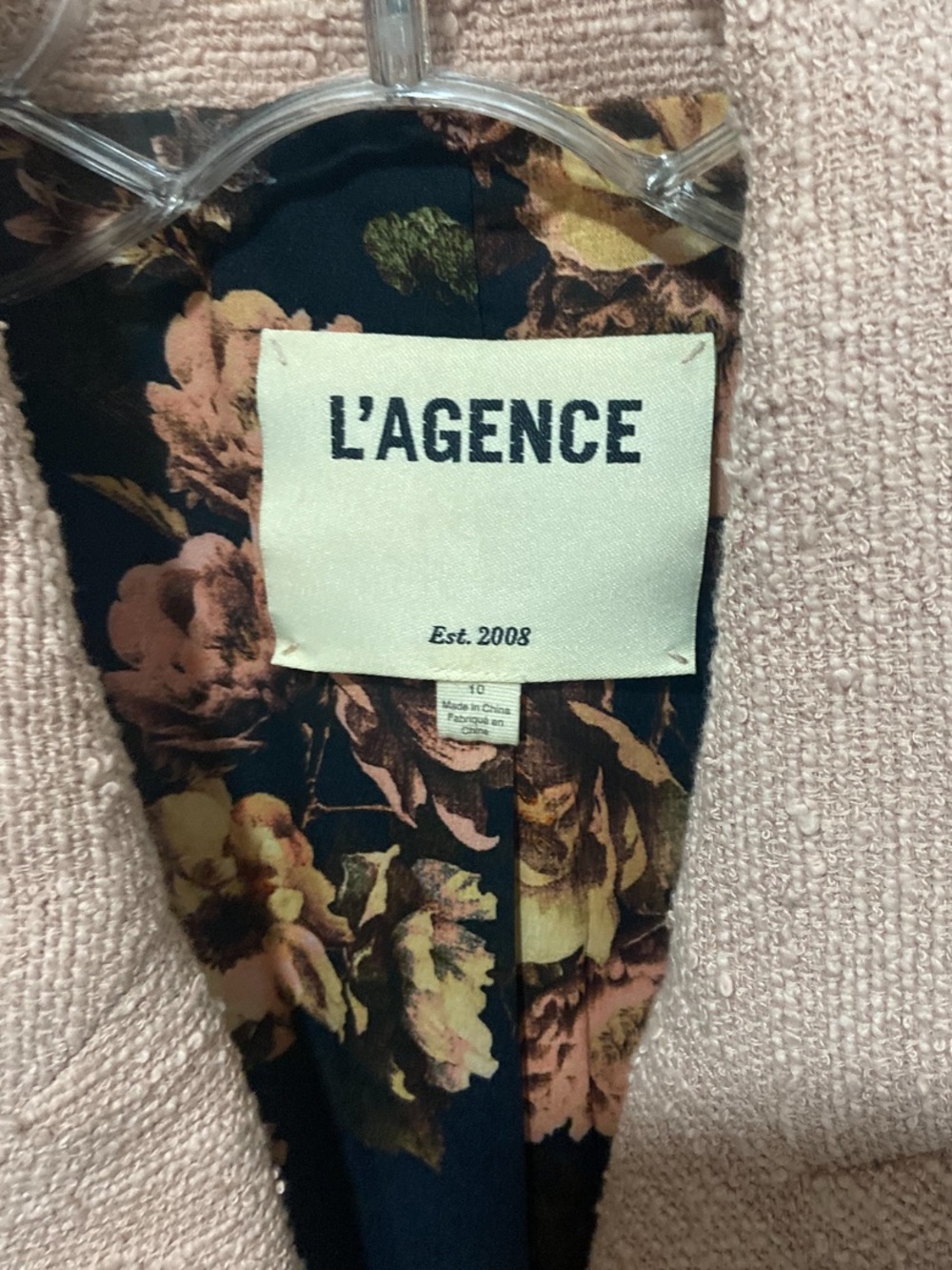 L'AGENCE Blush Pink Tweed Jacket with Dark Floral Lining